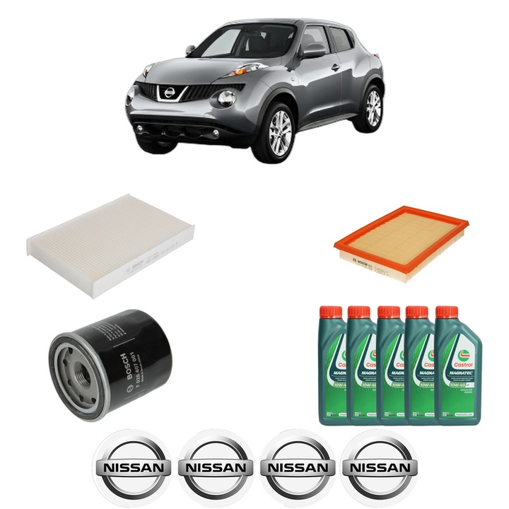 Pachet filtre revizie Bosch, 5 litri ulei Castrol 10W40 NISSAN JUKE Van (F15) 1.6 din 2013-2019, 4x Stickere auto cu NISSAN