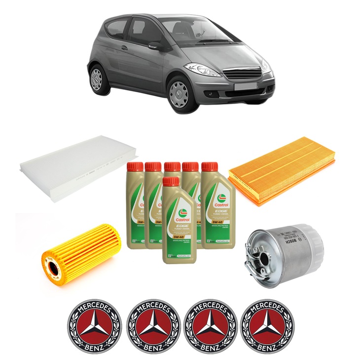 Pachet filtre revizie Bosch, 6 litrii ulei Castrol 5W40 MERCEDES-BENZ A-CLASS (W169) A 200 CDI (169.008, 169.308) din 2004-2012, 4x Stickere auto cu MERCEDES-BENZ