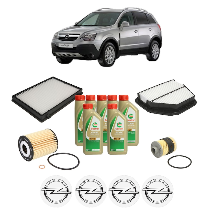 Pachet filtre revizie Bosch, 7 litri ulei Castrol 5W40 OPEL ANTARA A (L07) 2.0 CDTI din 2006-2011, 4x Stickere auto cu OPEL