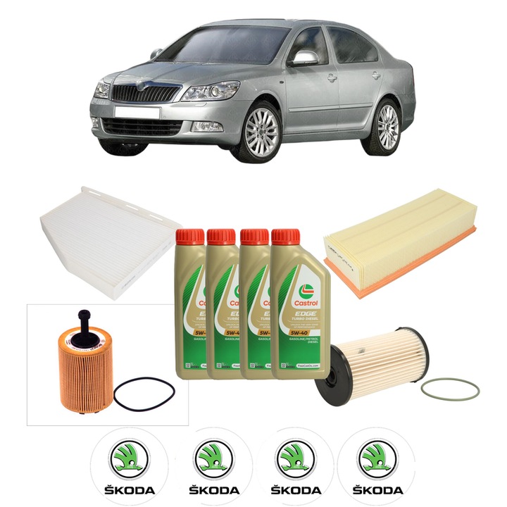 Pachet filtre revizie Bosch, 4 litri ulei Castrol 5W40 SKODA OCTAVIA II (1Z3) 2.0 TDI din 2004-2010, 4x Stickere auto cu SKODA