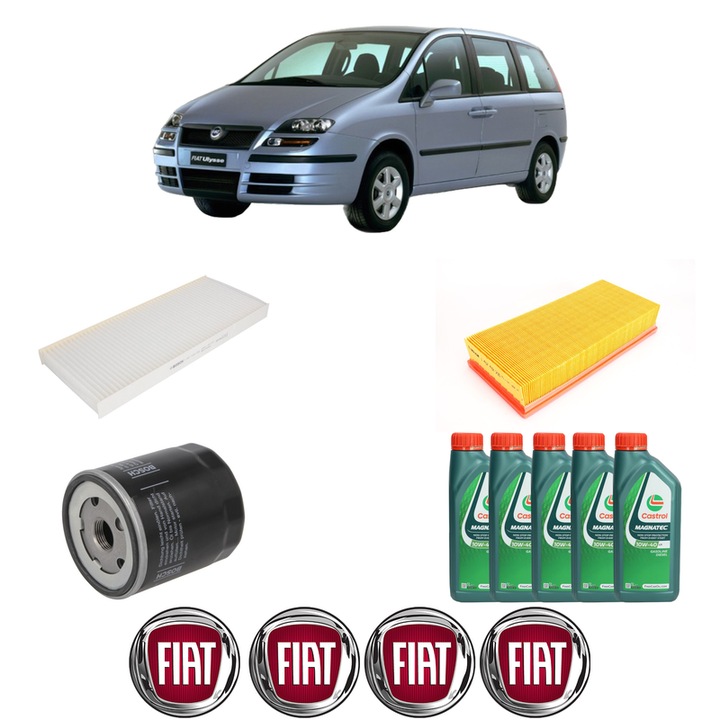 Pachet filtre revizie Bosch, 5 litrii ulei Castrol 10W40 FIAT ULYSSE (179_) 2.0 (179BXA11, 179BXA1A) din 2002-2011, 4x Stickere auto cu FIAT