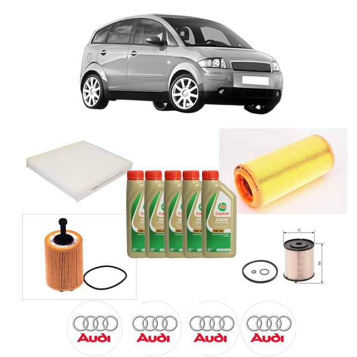Pachet filtre revizie Bosch, 5 litrii ulei Castrol 5W40 AUDI A2 (8Z0) 1.4 TDI din 2003-2005, 4x Stickere auto cu AUDI