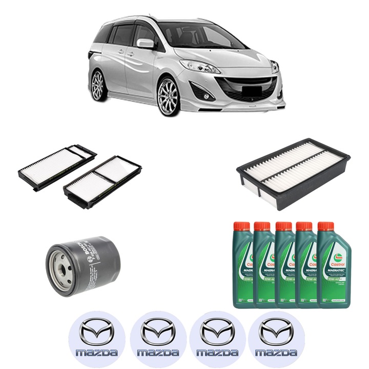 Pachet filtre revizie Bosch, 5 litrii ulei Castrol 10W40 MAZDA 5 (CW) 2.0 (CWEFW) din 2010, 4x Stickere auto cu MAZDA