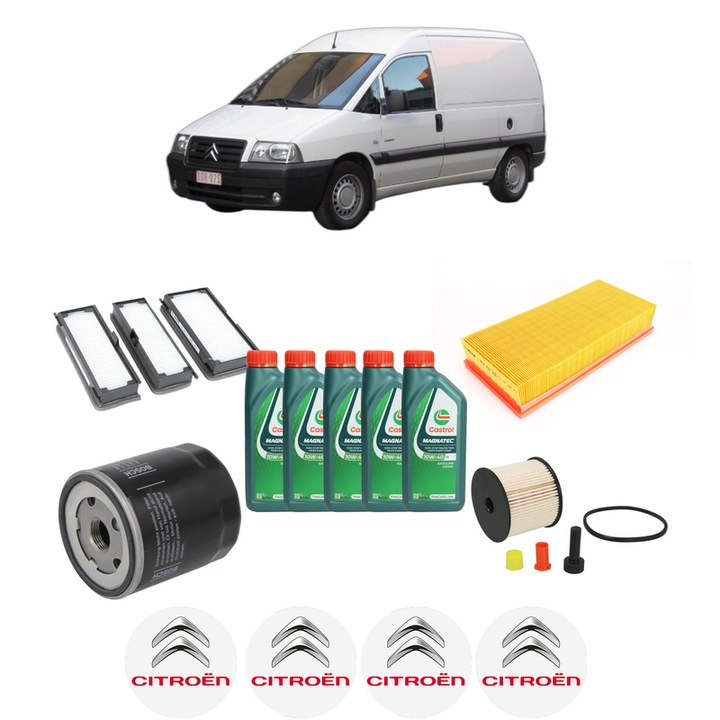 Pachet filtre revizie Bosch, 5 litrii ulei Castrol 10W40 CITROEN JUMPY I (U6U_) 2.0 HDi 110 din 2000-2006, 4x Stickere auto cu CITROEN