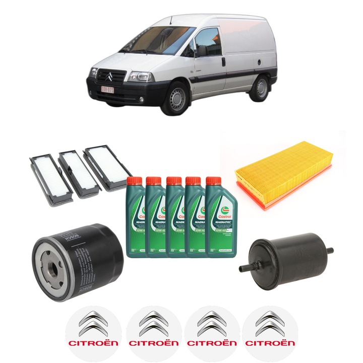 Pachet filtre revizie Bosch, 5 litrii ulei Castrol 10W40 CITROEN JUMPY I (U6U_) 2.0 i 16V din 2000-2006, 4x Stickere auto cu CITROEN