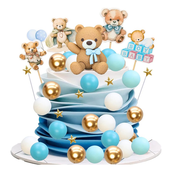 Комплект 38 аксесоара за торта, Rqiurpn, декорации за торта Мече, златисти топки, бял, син