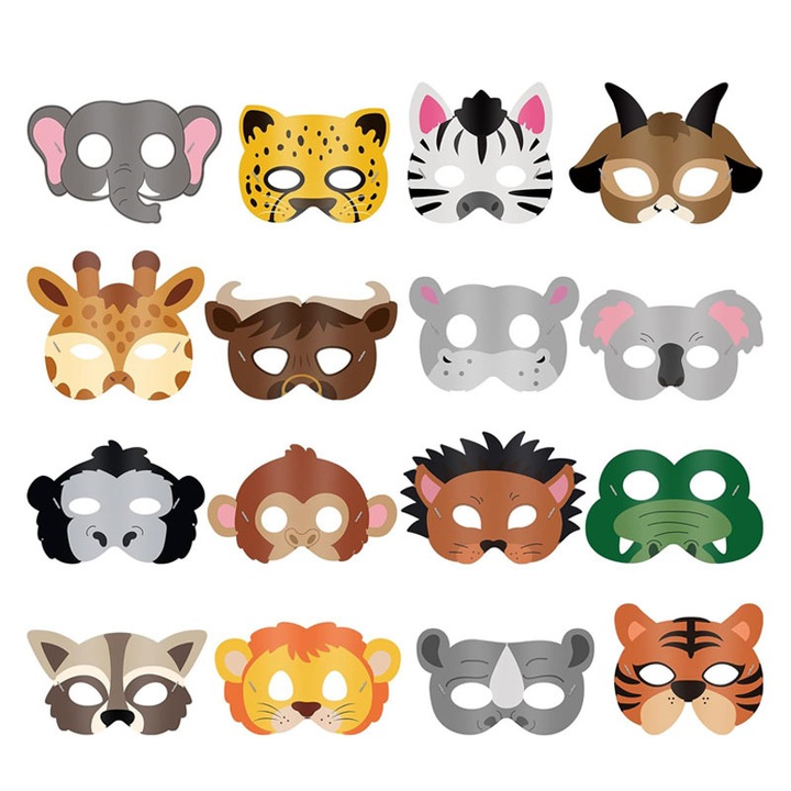 Set 16 masti animale din carton pentru petreceri, Rqiurpn, tema jungla, 12.7x17.8cm - 17x24cm