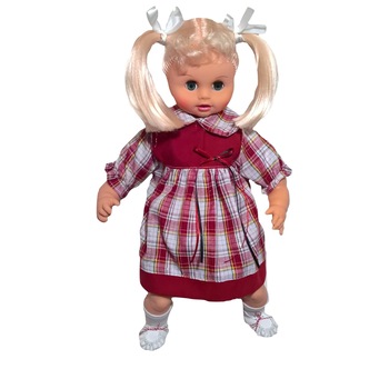 Papusa Mihaela, rochita cu carouri, culoare alb/rosu, inaltime 55 cm Papusa Mihaela, rochita cu carouri, culoare alb/rosu, inaltime 55 cm