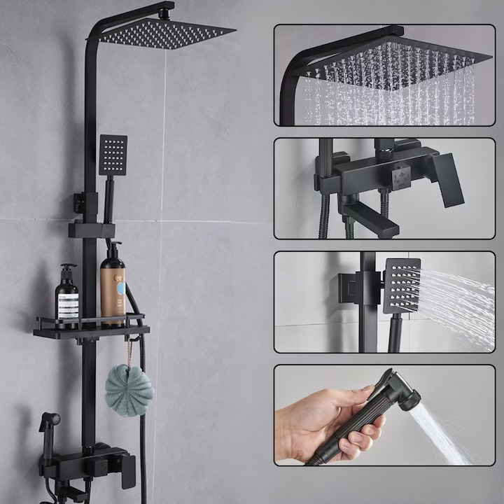 Coloana de dus completa, Corp din alama, 4 moduri de curgere a apei, Etajera cosmetice, Para de Dus, Palarie Dus cu Efect Ploaie, Dus de mana, 3 moduri de pulverizare, Inaltime reglabila, Racorduri incluse, Negru