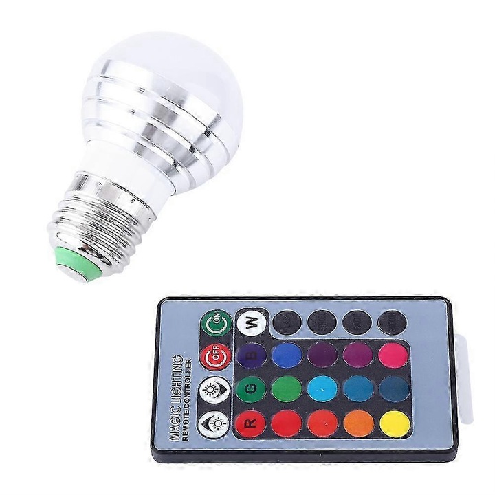 Bec LED RGB E27 3W cu telecomanda, 16 culori, 4 moduri, 85-265V
