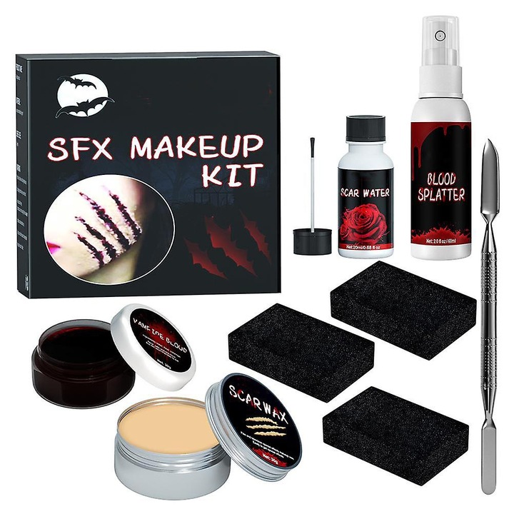 Halloween speciális effektek sminkkészlet, 5 termék, bőrviasz, művér gél, művér spray, szivacs, ezüst kaparó