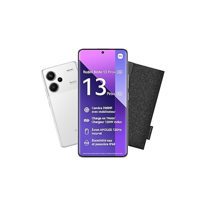 Мобилен телефон Xiaomi Redmi Note 13 Pro Plus 5G 12/512 White Bundle with Dark Grey Case, 6.67 Inch Screen, Unlocked Smartphone, 5000 mAh Battery, 512GB ROM Memory, 12GB RAM, Android 13