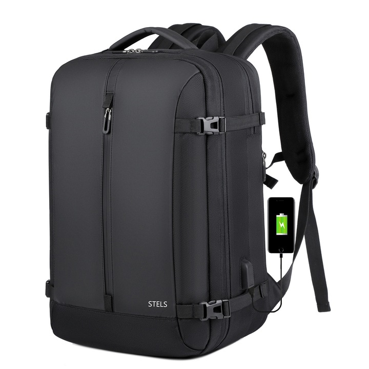Rucsac de călătorie STELS Voyager 50, 48×29×19+6 cm, 27–35L, laptop până la 15.6″, port USB, impermeabil, negru