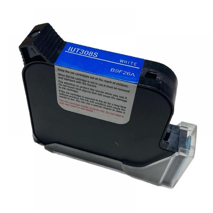 Cartus inkjet pentru imprimanta de mana portabila tip pistol, cu uscare rapida, tus alb, potrivit pentru suprafete multiple, pentru coduri de bara, logo, date expirare, dimensiune imprimare 1-12.7mm