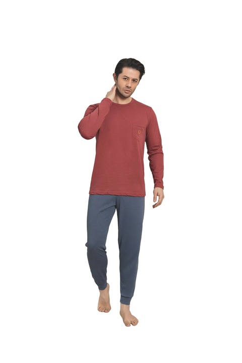 Pijama Barbati Uramag, 100% Bumbac, 2 piese, Rosu cireasa