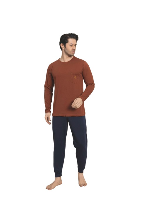 Pijama Barbati Uramag, 100% Bumbac, 2 piese, Caramiziu