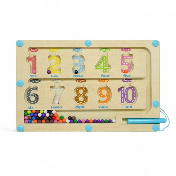 Образователна играчка за деца Монтесори - Магнитна образователна дървена дъска - Magnetic Color & Number Maze - Магнитен лабиринт с цветни топчета за учене на числа и цветове - с включена магнитна писалка
