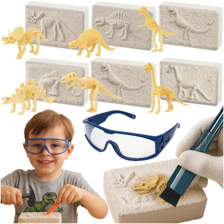 Set excavatie dinozauri 6 in 1, kit paleontolog copii, fosile tyranosaurus si schelete dezasamblabile, jucarie educativa creativa 6+ ani