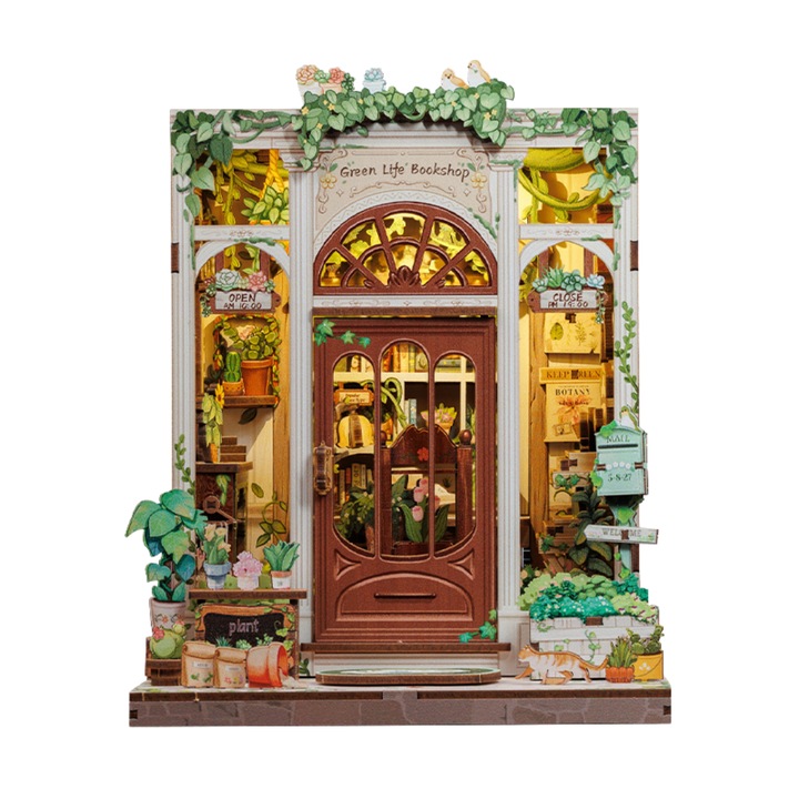 3D Puzzle Könyvkuckó Zöld Élet Könyvesbolt, Könyvjelző, DIY, LED Világítással, Érintőgombbal, 18x16x15.5 cm, 196 Darab, Nookche, Cutebee