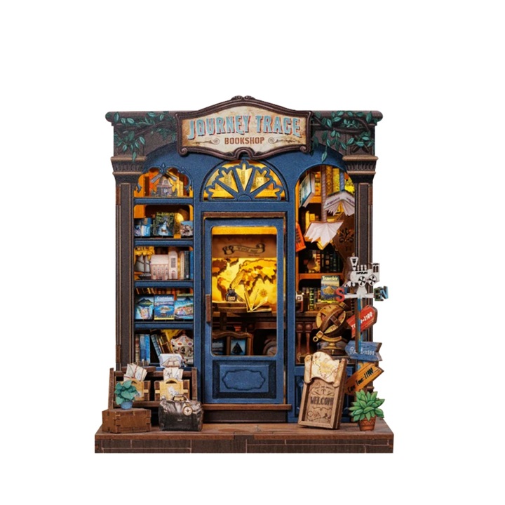 3D Puzzle készlet Book Nook Journey Trace könyvesbolt, könyvjelző, DIY, LED világítással, érintőgombbal, 18x16x15,5 cm, 241 darab, Nookche, Cutebee