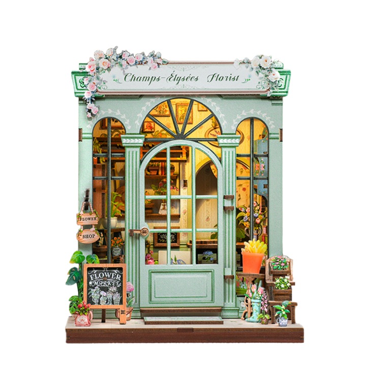 3D Puzzle Könyvsarok Champs Elysees Virágüzlet, Könyvelválasztó, DIY, LED Világítással, Érintőgombbal, 18x16x15.5 cm, 199 Alkatrész, Nookche, Cutebee