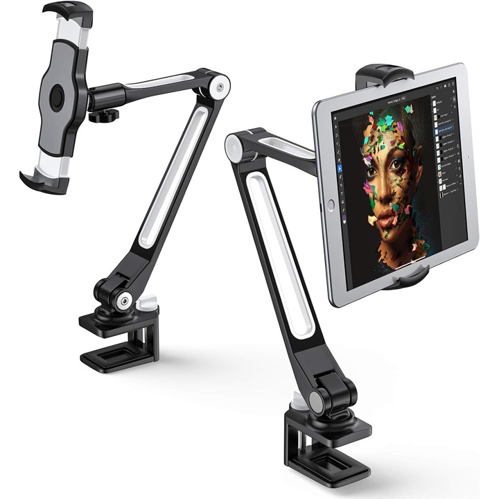 Suport Telefon si Tableta din Aluminiu Arteli 4.7–12.9 inch, Reglabil 360°, Prindere Tip Menghina cu Surub, Ultra Stabil, Compatibil Nintendo Switch, pentru Birou si Masa