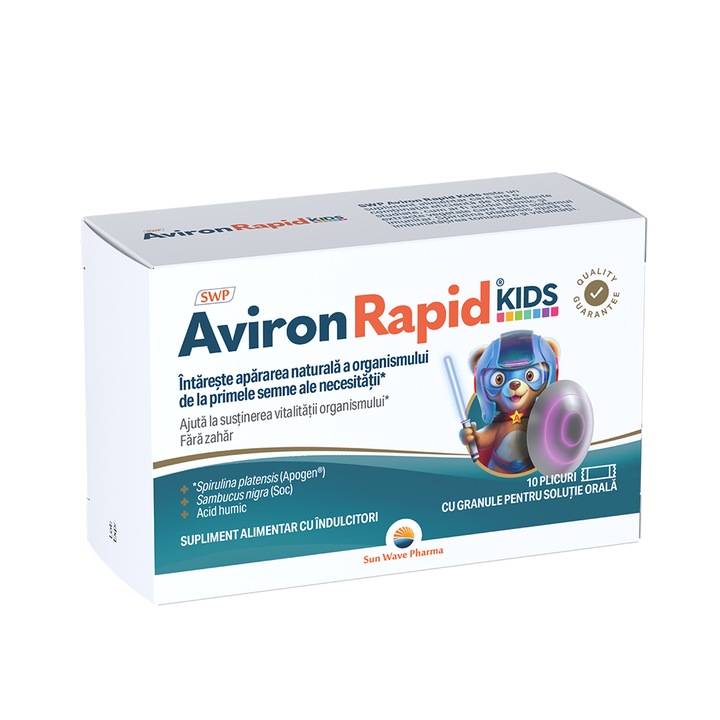 Aviron Rapid Kids, Sun Wave Pharma, humat de sodiu, extract de Spirulina (Spirulina platensis, Apogen®), pentru sustinerea sistemului imunitar, 10 plicuri