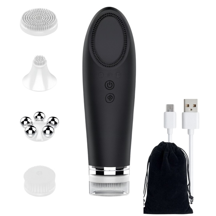 Професионален апарат Revio tech за масаж на лице – терапия и поддръжка, лифтинг на лицето, лимфен дренаж, против бръчки, термо функция, ултразвук, вибрации, 4 сменяеми накрайника, почистваща четка