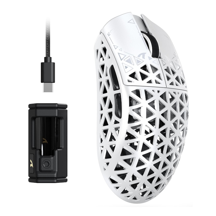 Mouse de gaming wireless ATTACK SHARK R5 Ultra din fibra de carbon 8K, 42000 DPI, senzor PAW3950MAX, 39g ultra-usor, cip Nordic 52840, Tri-Mode 2.4G/BT/USB-C, programabil, compatibil PC/Mac (alb)