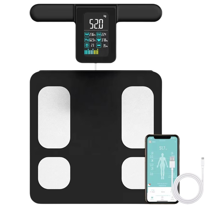 Смарт кантар narvara ReForm 360, 28 телесни показателя, 8 сензора за биоелектричен импедансен анализ, Цялостно сканиране на тялото, До 24 потребители, Доклад за телесен състав, Проследяване на прогреса, IOS/Android, Черен