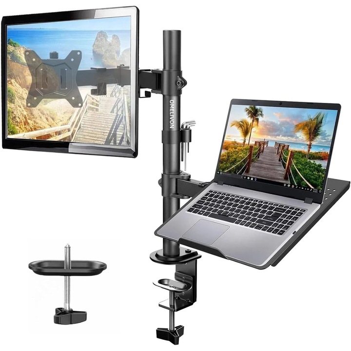 Omelivon, Állítható monitortartó, asztali tartó egykarú, 32 hüvelykes képernyőhöz és 17 hüvelykes laptophoz, ergonomikus, strapabíró tartó, 10 kg teherbírás