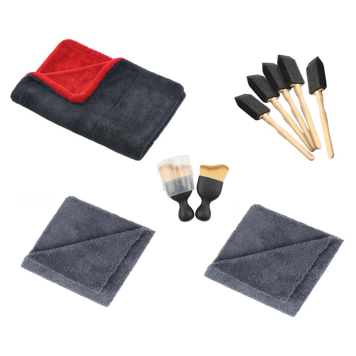 Prosop Uscare Auto Din Microfibra Premium, Twisted Loop, Rosu/Gri 1200 GSM Grosime, 90x60 Dimensiune + Doua Lavete Fara Margini Cusute Din Microfibra, 40x40 Dimensiune, 380 GSM Grosime + 5 Pensule Cu Cap Din Burete + O pensula Din Nanofibre