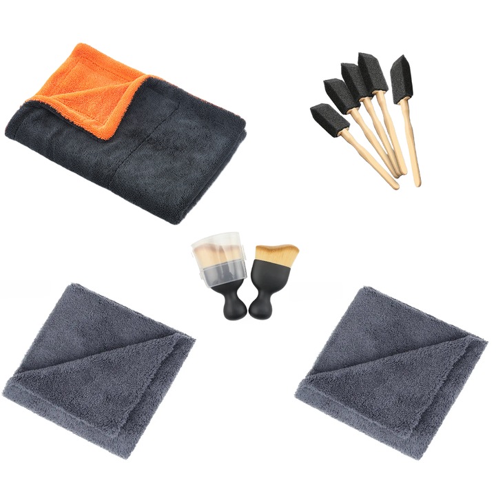 Prosop Uscare Auto Din Microfibra Premium, Twisted Loop, Portocaliu/Gri 1200 GSM Grosime, 90x60 Dimensiune + Doua Lavete Fara Margini Cusute Din Microfibra, 40x40 Dimensiune, 380 GSM Grosime + 5 Pensule Cu Cap Din Burete + O pensula Din Nanofibre