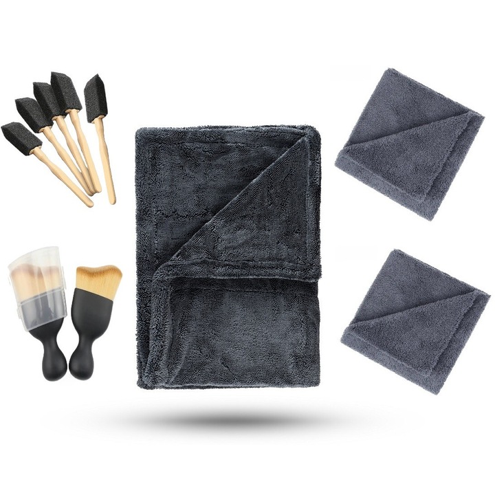 Кърпа за автоматично сушене от първокласен микрофибър, усукана примка, сива 1200 GSM дебелина, 90x60 размер + две кърпи от микрофибър без шевове, 40x40 размер, 380 GSM дебелина + 5 четки с гъбена глава + една четка от нановлакна
