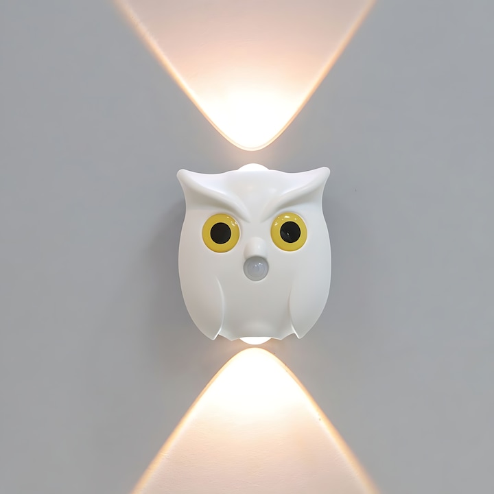Lampa de Perete RXCASA® cu Senzor de Miscare, Reincarcabila, Fara Cabluri, Montaj Magnetic, 3 Moduri Reglabile, Autonomie 60 Zile, Design Modern in Forma de Bufnita pentru Casa, Hol, Dormitor, Baie, Bucatarie sau Scari, Alb