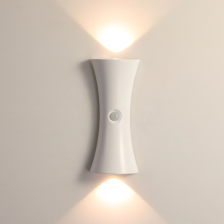 Lampa de Perete RXCASA® cu Senzor de Miscare, Reincarcabila, Fara Cabluri, Montaj Magnetic, 3 Moduri Reglabile, Autonomie 60 Zile, Design Modern in Forma de Clepsidra pentru Casa, Hol, Dormitor, Baie, Bucatarie sau Scari, Alb
