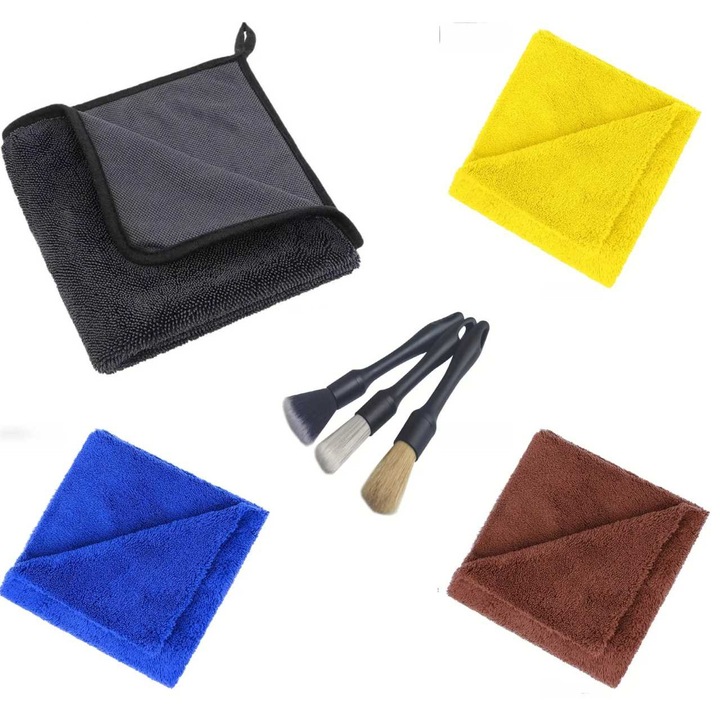 Кърпа за кола от микрофибър с усукана примка, 90x60 см 700 GSM + Комплект 3 професионални четки с косъм (Мека, Средна, Твърда) + 3 микрофибърни кърпи, Без шевове по ръбовете, 40x40 см, 380 GSM, Жълт, Кафяв, Син