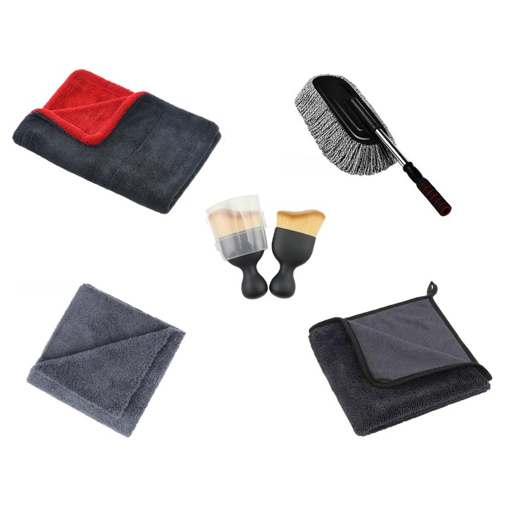 Prosop Uscare Auto Din Microfibra Premium Twisted Loop Rosu/Gri, 90X60 cm, 1200 GSM + Prosp Microfibra Twisted Loop, 60x40 cm, 700 GSM, + Perie Microfibra Cu Maner Telscopic + Laveta Microfibra Fara Margini Cusute, 40x40 cm, 380 GSM + Pensula Nanofibre