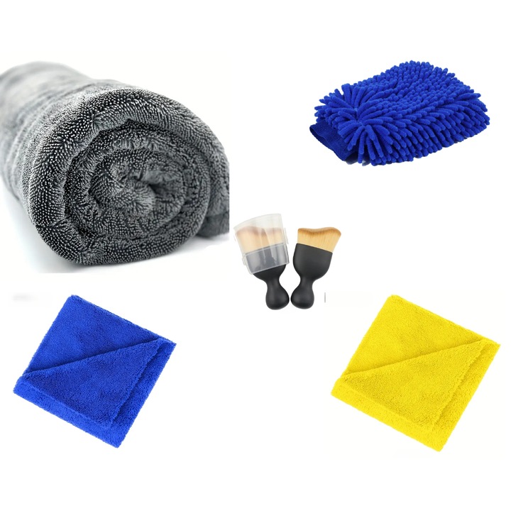 Prosop Uscare Auto Din Microfibra Premium Twisted Loop, Gri, 90x60 cm, 1200 GSM + Manusa Spalare Auto Din Chenille + Doua Lavete Din Microfibra Fara Margini Cusute Galben Si Albastru, 40x40 cm, 380 GSM + Pensula Nanofibre