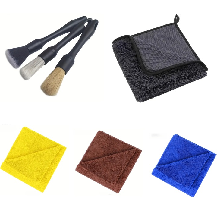 Set De 3 Pensule Profesionale Cu Peri ( Soft, Medium, Hard ) + Prosop Din Microfibra Premium Twisted Loop 60x40 cm, 700 GSM + 3 Lavete Profesionale Din Microfibra, Culori, Galben, Maro, Albastru, Fara Cusaturi Pe Margini, 40x40 cm, 380 GSM