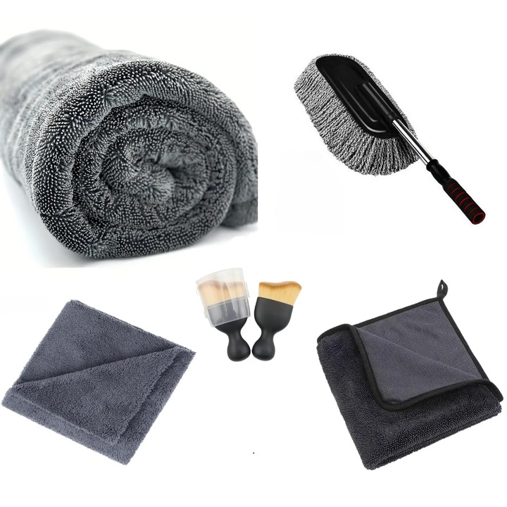Prosop Uscare Auto Din Microfibra Premium Twisted Loop Gri, 90X60 cm, 1200 GSM + Prosp Microfibra Twisted Loop, 60x40 cm, 700 GSM, + Perie Microfibra Cu Maner Telscopic + Laveta Microfibra Fara Margini Cusute, 40x40 cm, 380 GSM + Pensula Nanofibre