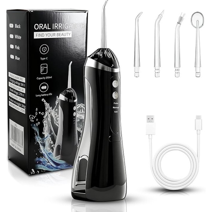 Irigator Bucal Profesional tip Dus Bucal, Portabil, 3 Moduri de Lucru, Personalizare Pulsatii, 1600 Impulsuri/min, Protectie supraincalzire, IPX7, Rezervor 200ml, USB-C, 4 capete, Negru