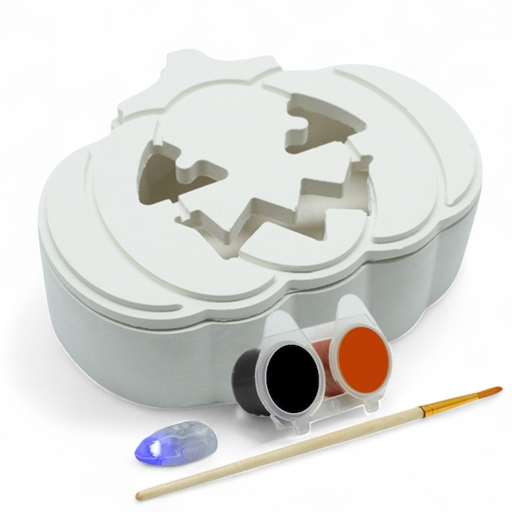 Halloween és Őszi Dekoráció - Kreatív Készlet Gipszfestő Figurával - Halloween Tök - Lámpás - Tartalmaz Festékeket és Ecsetet és Fényeket - 2 darab - méretek 7 x 10 x 3 cm