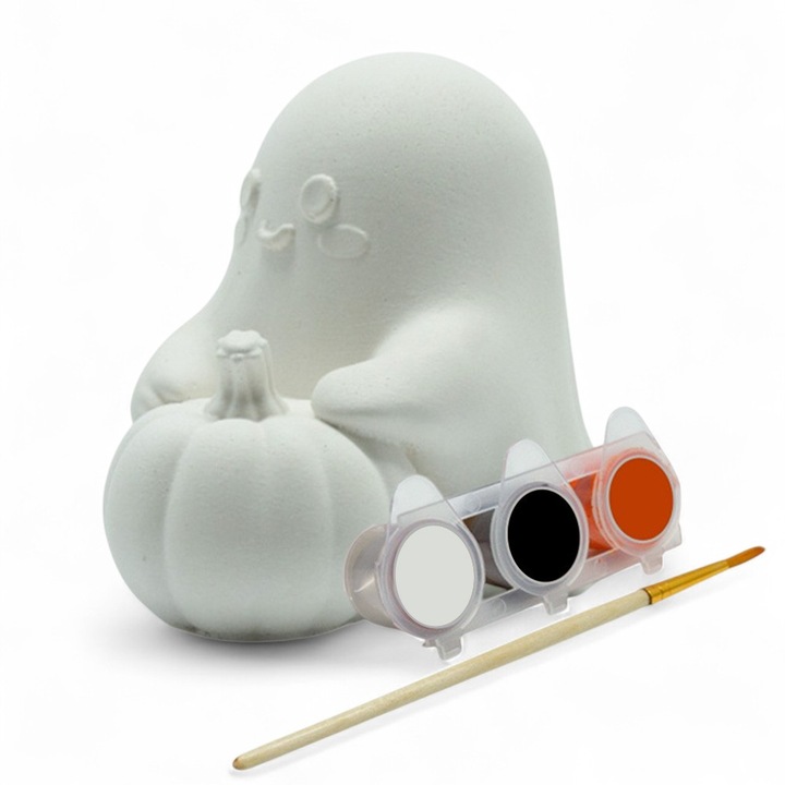 Halloween és Őszi Dekoráció - Kreatív készlet festhető gipszfigurával - Szellem tökkel a kezében - Halloween - festékeket és ecsetet tartalmaz - magasság 5.5 cm