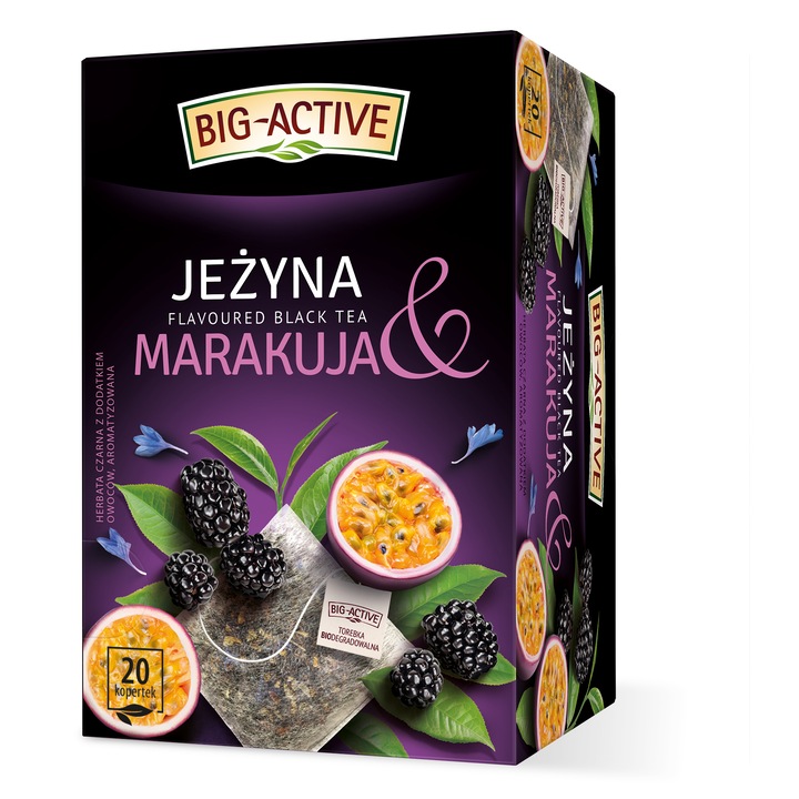 Ароматизиран черен чай с малина и маракуя, Big-Active, комплект 20 пликчета x 2гр