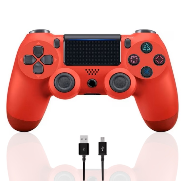 Контролер Doubleshock, LuckyLu®, безжичен, съвместим с PS4, PS-TV и PS Now, с вибрации, включен кабел за зареждане, червен