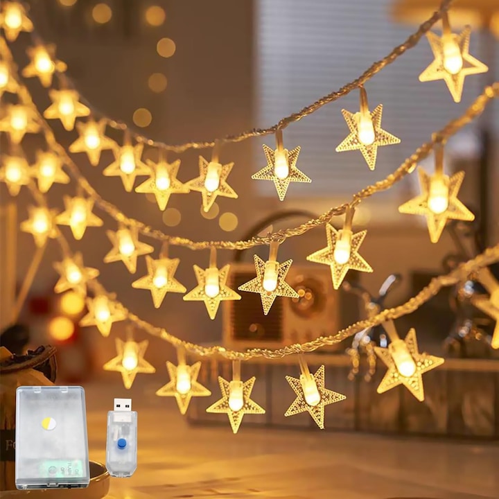 Ghirlanda luminoasa 10m, 80 LED-uri, alimentare duala USB si baterii, lumina calda, pentru interior si exterior
