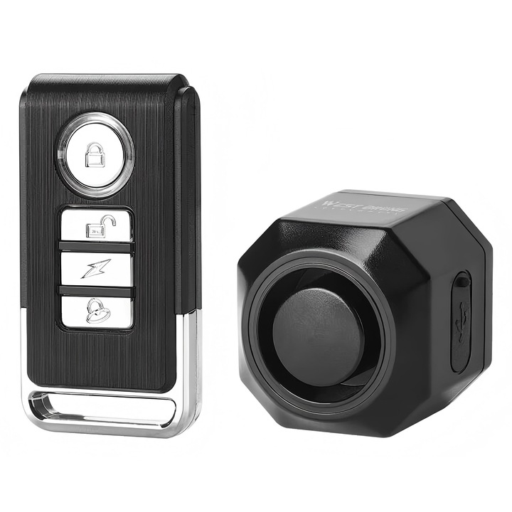 Alarma antifurt bicicleta motocicleta bicicleta electrica, Bluvista®, e-bike, trotineta, tricicleta, telecomanda wireless, senzor frana, 4.6 x 4.6 x 3.5 cm, negru