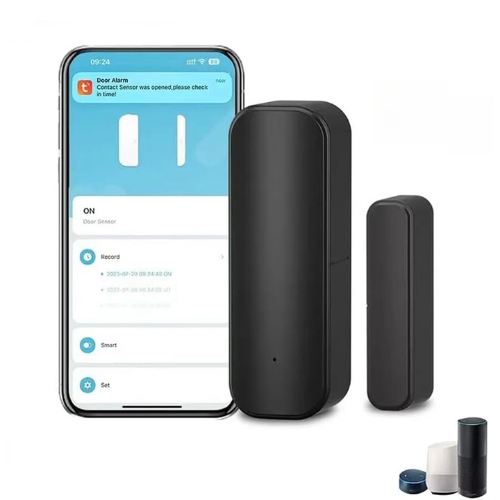 Senzor Usa/Fereastra inteligent, Rqiurpn, Compatibil cu Alexa/Google Assistant, Wireless, pentru Securitate Acasa, Negru