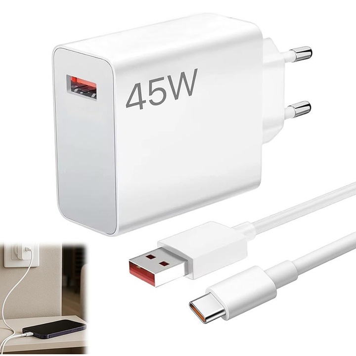 Incarcator rapid 45W, Rqiurpn, cablu USB-C 2m, compatibil cu Xiaomi, alb